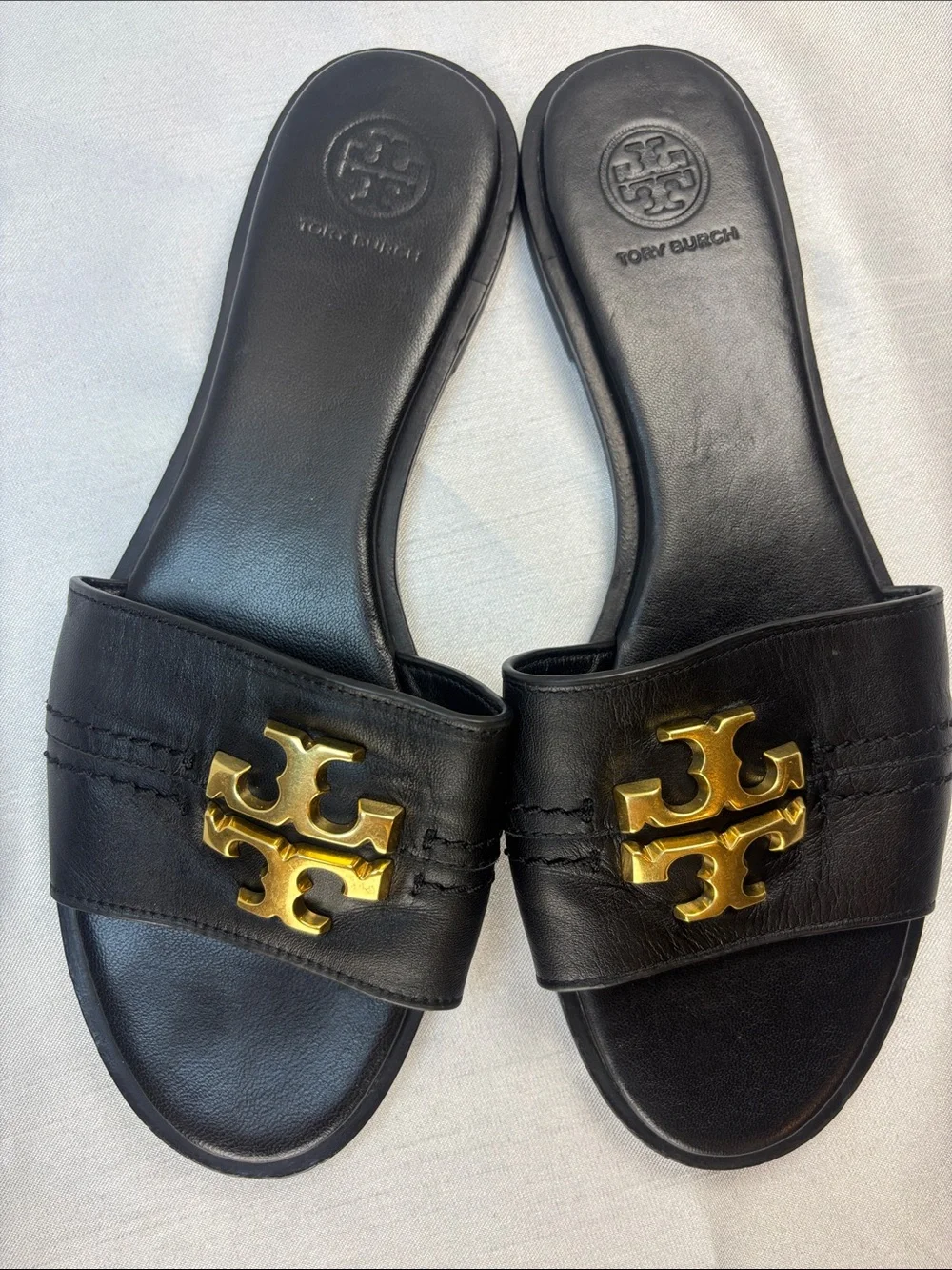 Tory Burch Black Leather Slides with Gold Double-T Emblem